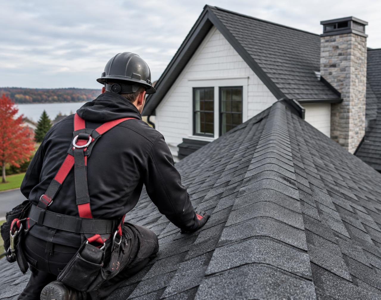 Roofing professional inspecting a roof ridge