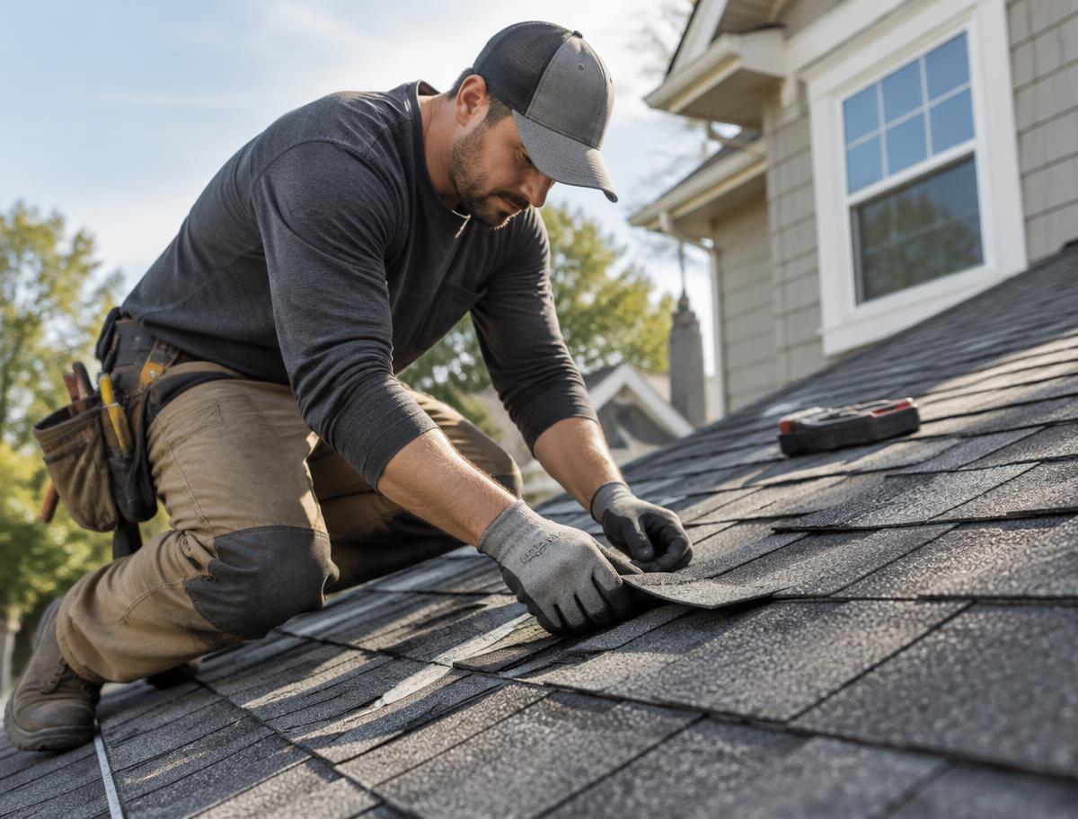 Roofer carefully repairing architectural shingles
