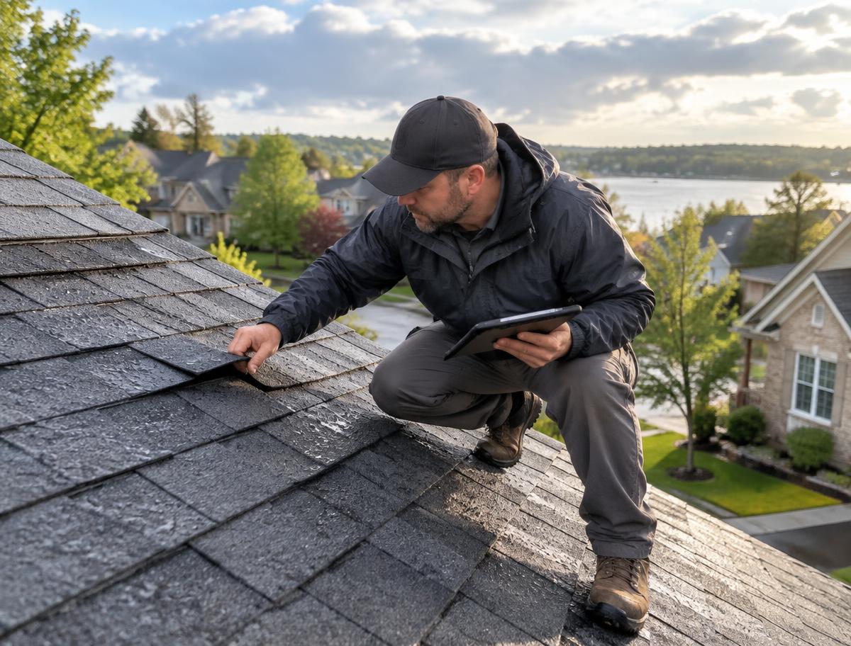 Professional documenting storm damage on a roof